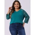 thumbnail image 2 of DARING DIVA Women's Plus Tops Casual Floral V Neck Spring Raglan Top 2X Peacock Blue, 2 of 6