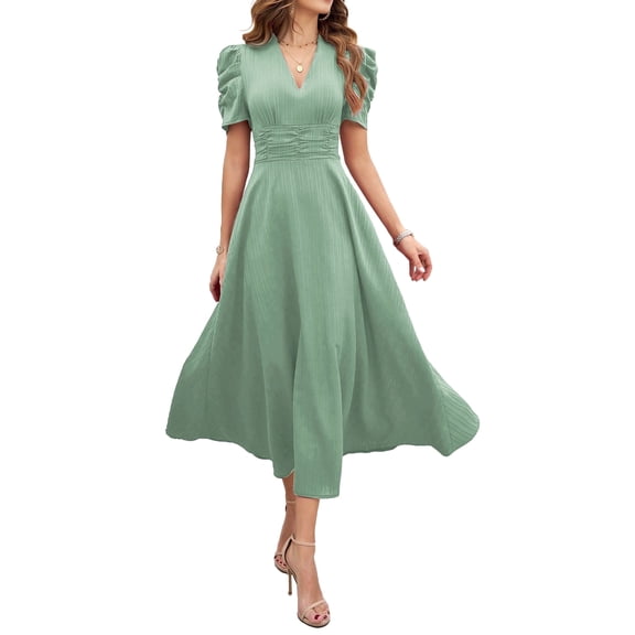 Krumba Summer V-Neck Women Dress: Puff Short Sleeve A-Line Midi - Casual for Beach Party Wedding Guest Light Green Size S