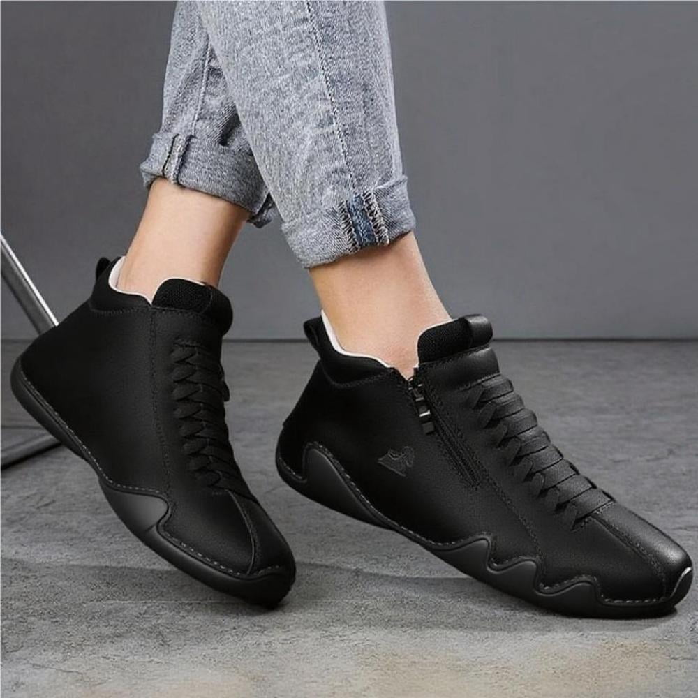 Men's Casual Loafers Leather Hand-stitched Lightweight Non-Slip Breathable Hiking Outdoor Soft Flat Boots Mid-Top Shoes Black 5 US