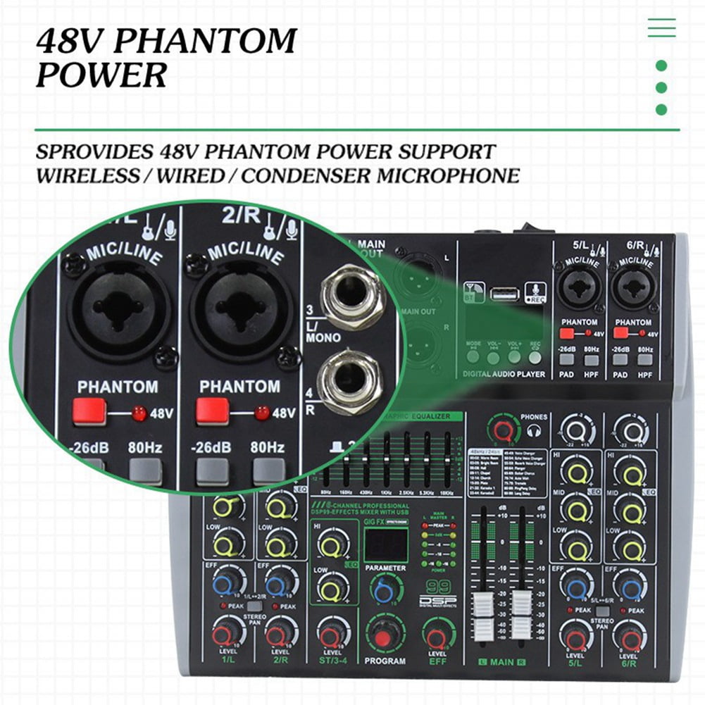 Professional Audio Mixer 6 Channel Built-in 99DSP 7-Segment Balanced Effect Bluetooth Support Recording Mixer US Plug