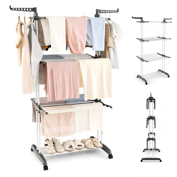 BN-LINK Clothes Drying Rack, Oversized 4-Tier Collapsible Laundry Rack with Two Side Wings, Movable Drying Rack with 4 castors for Bed Linen, Clothing, Gray