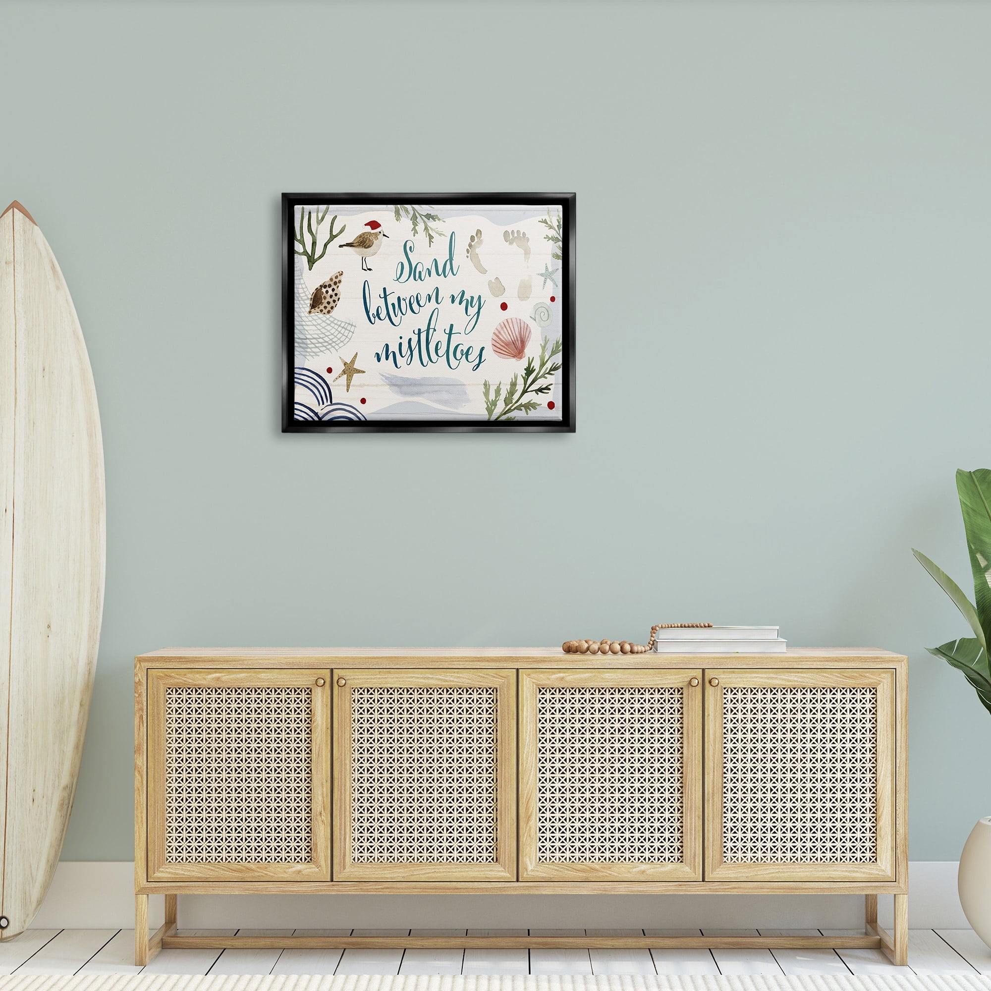 Stupell Industries Sand Between Mistletoes Phrase Nautical Beach Christmas Metallic Gold Framed Floating Canvas Wall Art, 16x20, by Victoria Barnes