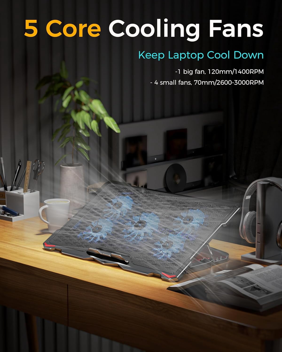Laptop Cooling Pad 5 Fans Up to 17.3 Inch Heavy Notebook Cooler, Blue LED Lights, 2 USB Ports, S035, Blue-5fans