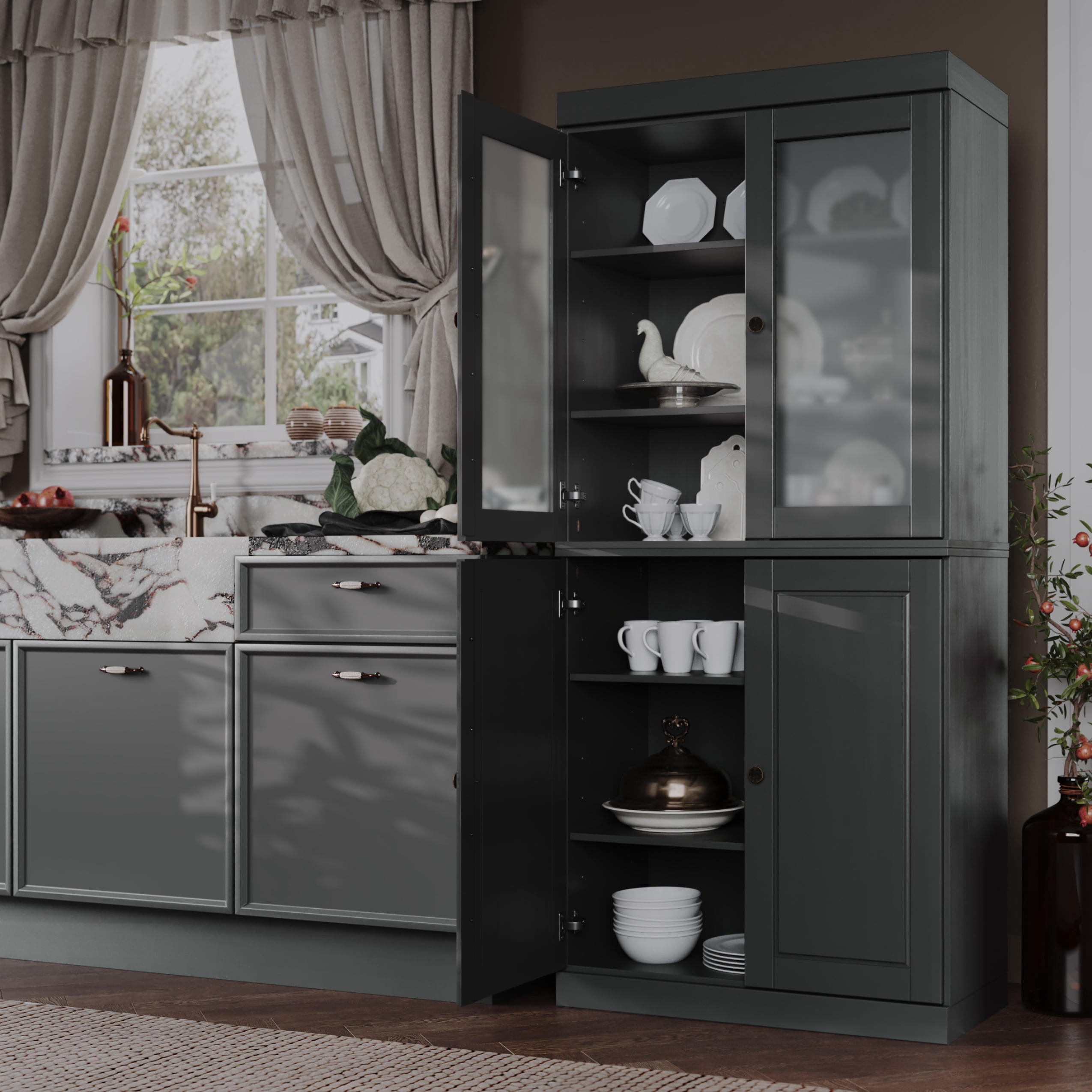 Palace Imports 100% Solid Wood 32" Pantry Cabinet with Solid, Frosted Glass Doors and Adjustable Shelves, Gray