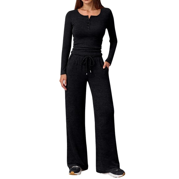 Women's 2 Piece Matching Lounge Sets Long Sleeve Henley Neck Slightly Crop Top Wide Leg Pants Casual Sweat Suit Black L