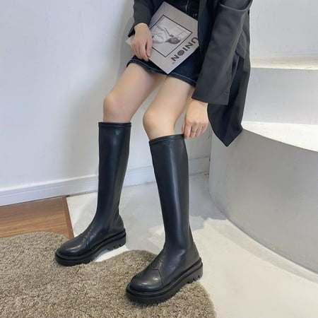 

Boots Pu Leather Knee High Boots Women Shoes Woman Retro Punk Height Increasing Long Boots Lace Up Booties Mujer 2021