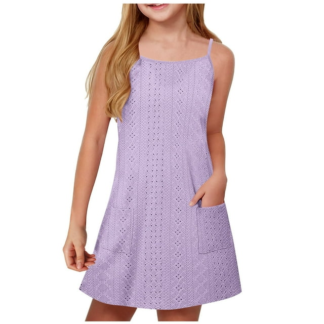 Robes Boho pour Fille 2025 en Liquidation Robes d'Été 2025 pour Adolescentes Mode Bretelles Réglables Robes Sans Manches Robes Décontractées Tenue Nouvelle Violette 5 Ans