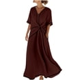 thumbnail image 2 of Gamivast Dresses for Women Linen Short Sleeve V-Neck Twist Front Maxi Dress Loose Fit A-Line Long Dress with Pockets Casual Resort Vacation Beach Dress Brown L, 2 of 6