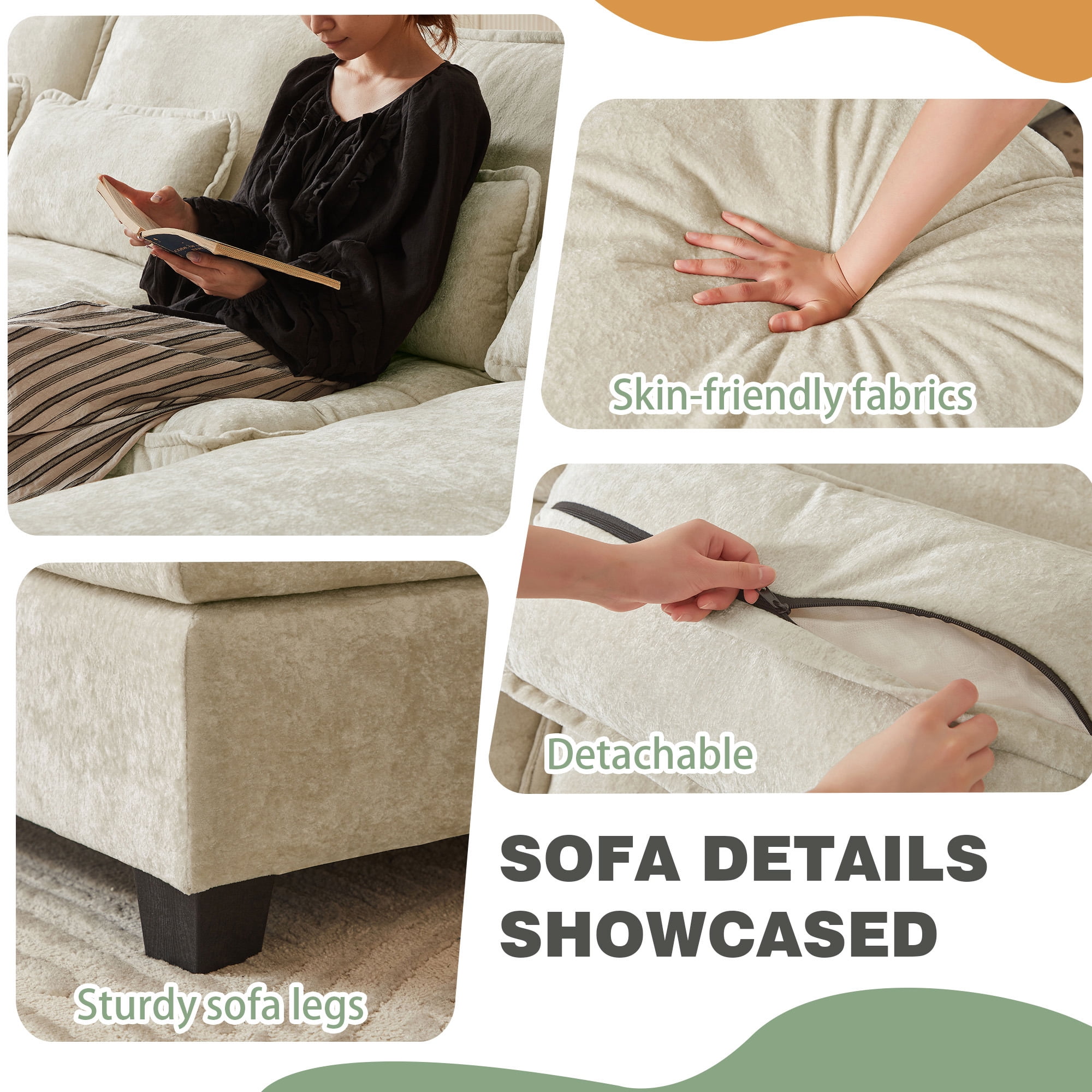 Soscana 113" Sectional Sofa Oversized U Shaped Couch with Double Chaise,Cloud Couch with 4 Waist Pillows,Modern Linen Seating Furniture for Living Room Office Studio Apartment,Beige