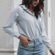thumbnail image 3 of Blusa de mujer con cuello en V, manga larga, Color puro, fibra de poliéster suave, camisa cómoda para mujer para el trabajo diario, 3 of 6