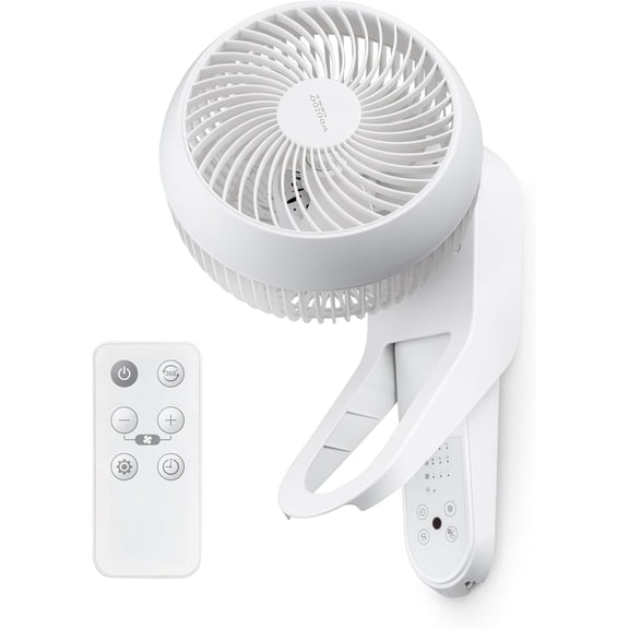 IRIS WOOZOO Wall-Mounted Fan with Remote, 360° Oscillating 7.1" Blades, for Garages, RVs, White
