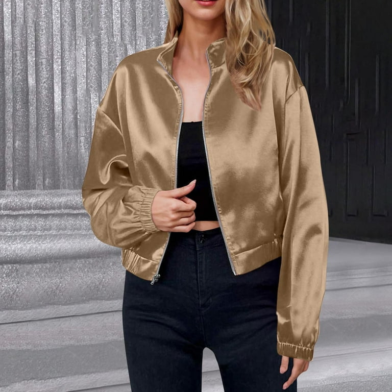 YUGYXL Women's Silk Satin Jackets Dressy Full Zip Stand Collar