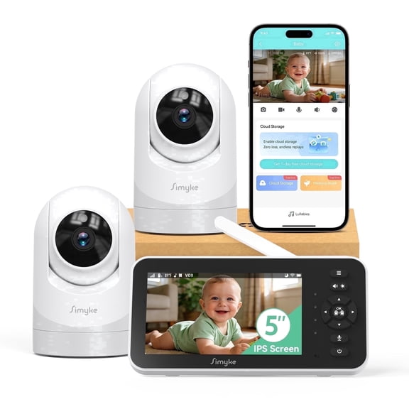 Simyke Video Baby Monitor with Camera and Audio,5'' IPS Screen,720P HD,App,Remote Pan/Tilt/Zoom Camera,Lullabies,Feeding Remind,HD Night Vision, VOX,2-Way Talk,Triple Security,1500ft Long Range