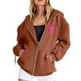 thumbnail image 3 of Womens Fall Zip Up Hoodies Breast Cancer Awareness SweatshirtsSurvivor Support Shirts Women, Drawstring, Pink Ribbon Print Long Sleeve Winter Comfy Track Jackets with Pocket Brown S, 3 of 7