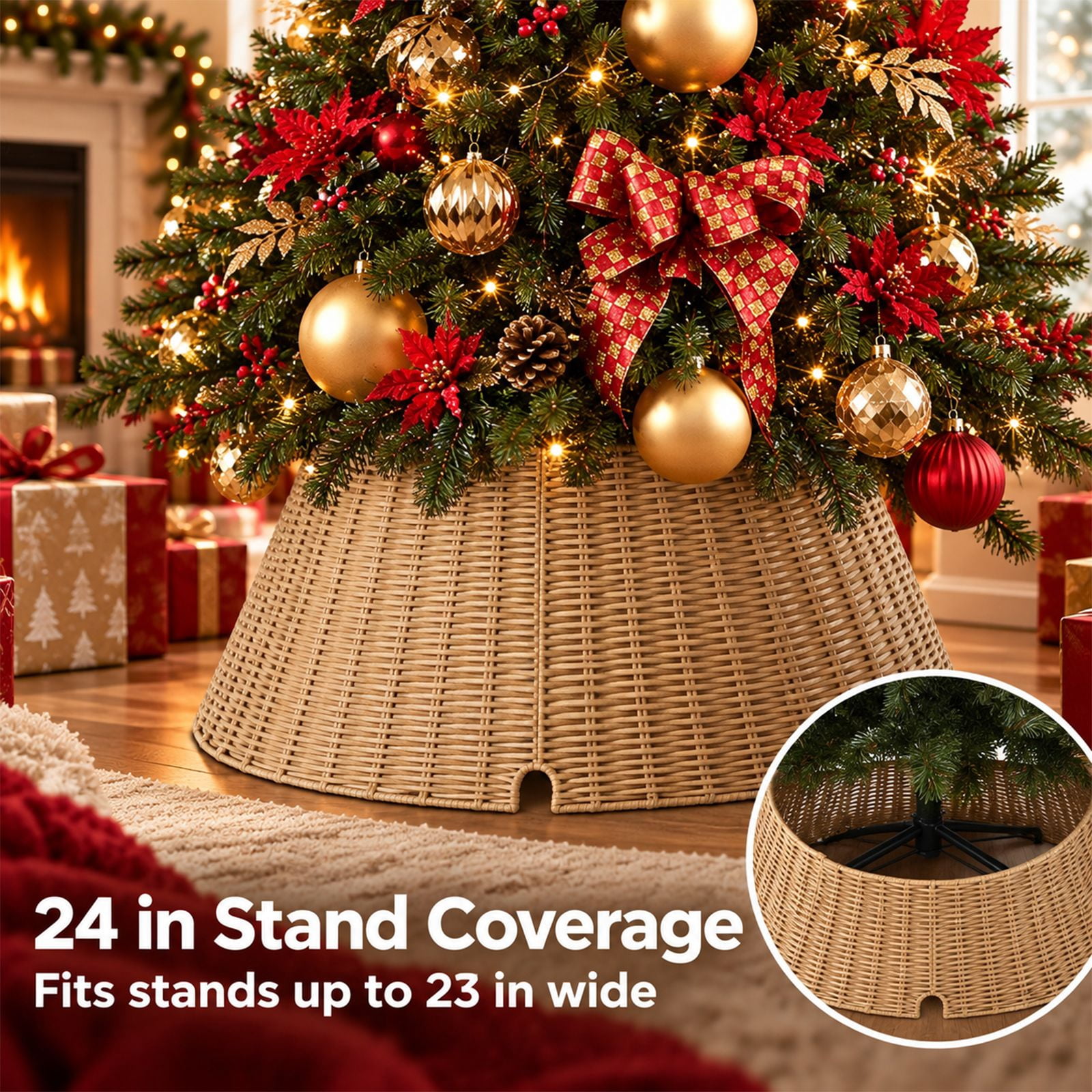Alvantor Water Hyacinth Christmas Tree Collar, Woven Base Cover, Natural, 19.69 x 27.17 x 10.24 in