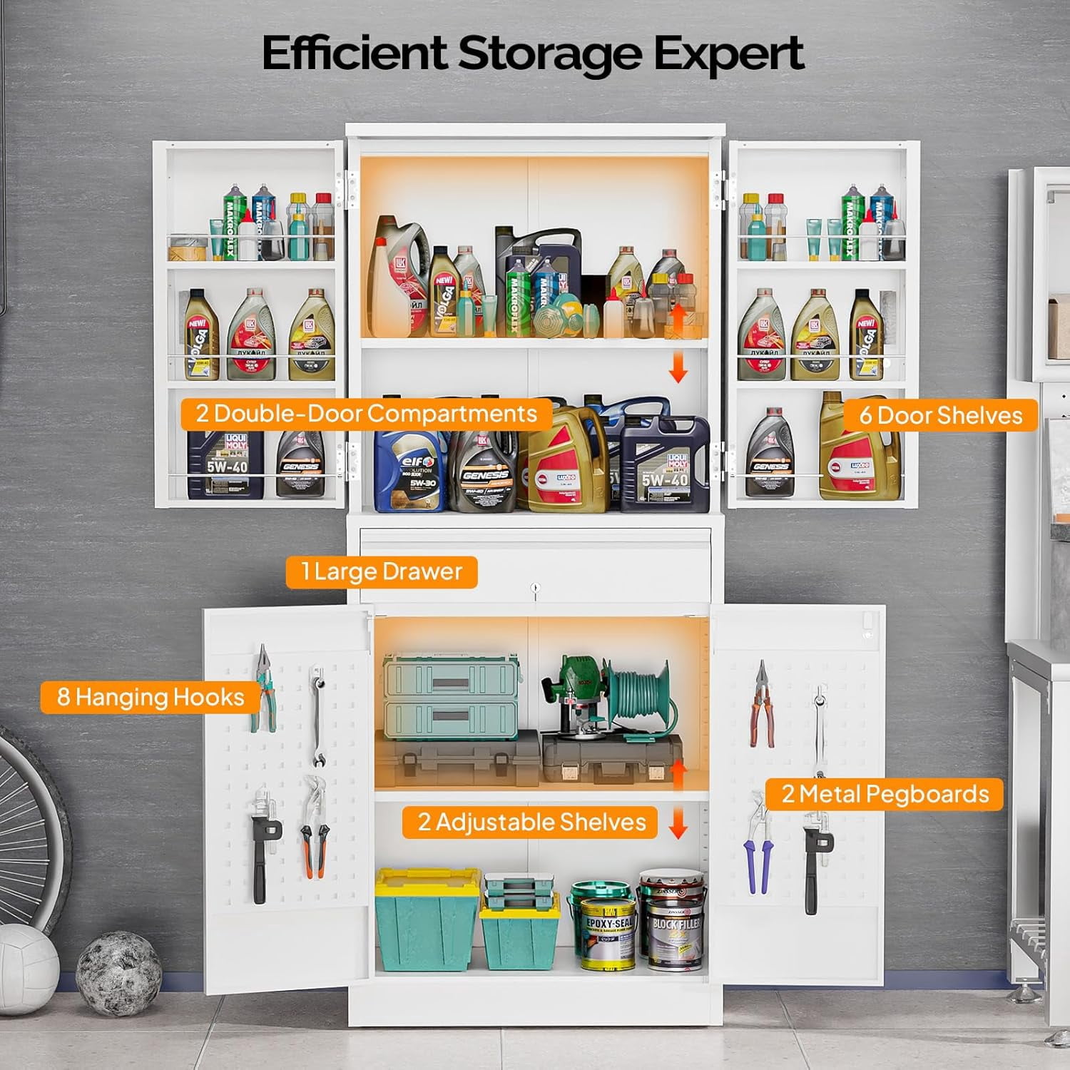 Ktaxon 71" Tall Steel Storage Cabinet with Drawer, 4-Door Lockable Pantry Organizer w/ Door Shelves, Pegboard & Hooks, Adjustable Shelves, White