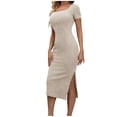 thumbnail image 3 of TaTaai Women Summer French Square Neck Side Split Slim Knit Dress Short Sleeve Solid Color Midi Length Elegant Casual Daily Wear Dresses Gift, 3 of 9