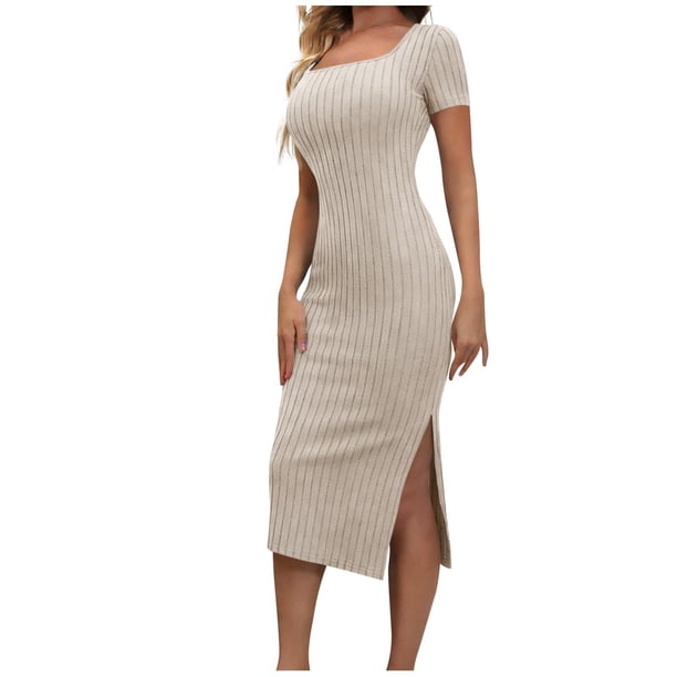Vestido de Verano de Manga Corta de Punto de Costillas Midi Slim-Fit con Cuello Francés Clásico Y División Lateral para Mujeres en Colores Versátiles