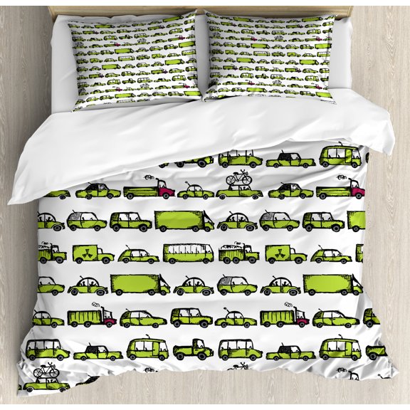 Cars Duvet Cover Set Queen Size, A Number of Cars with Various Jobs Trucks Sedans Buses Traveling Journey Working, Decorative 3 Piece Bedding Set with 2 Pillow Shams, Apple Green, by Ambesonne