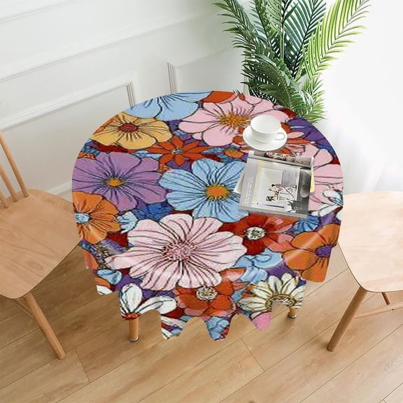 RKSupls 60 Inch Round Tablecloth, Colorful Flowers Pattern Premium Polyester Straight Edge Wrinkle Resistant Washable Table Cover for Party Home Dining Decor