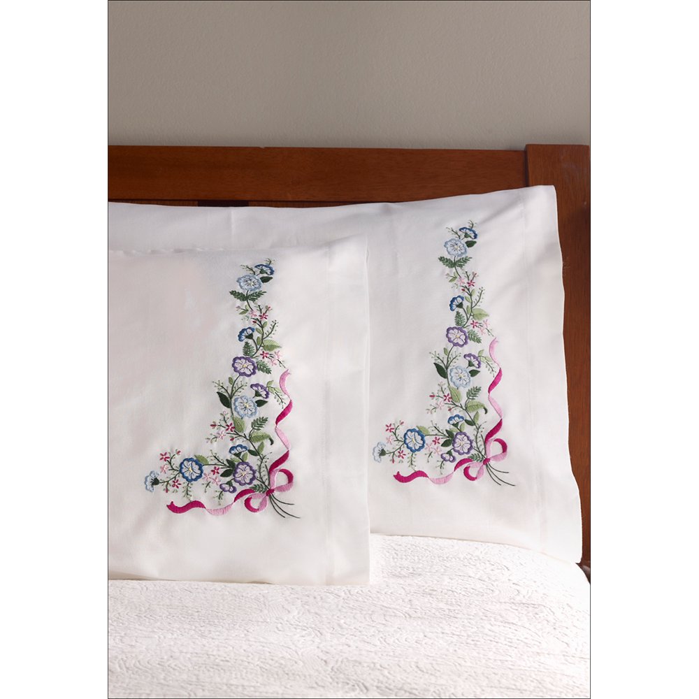 Bucilla Stamped Embroidery Pillowcase Pair 20"X30"Blue & Violet