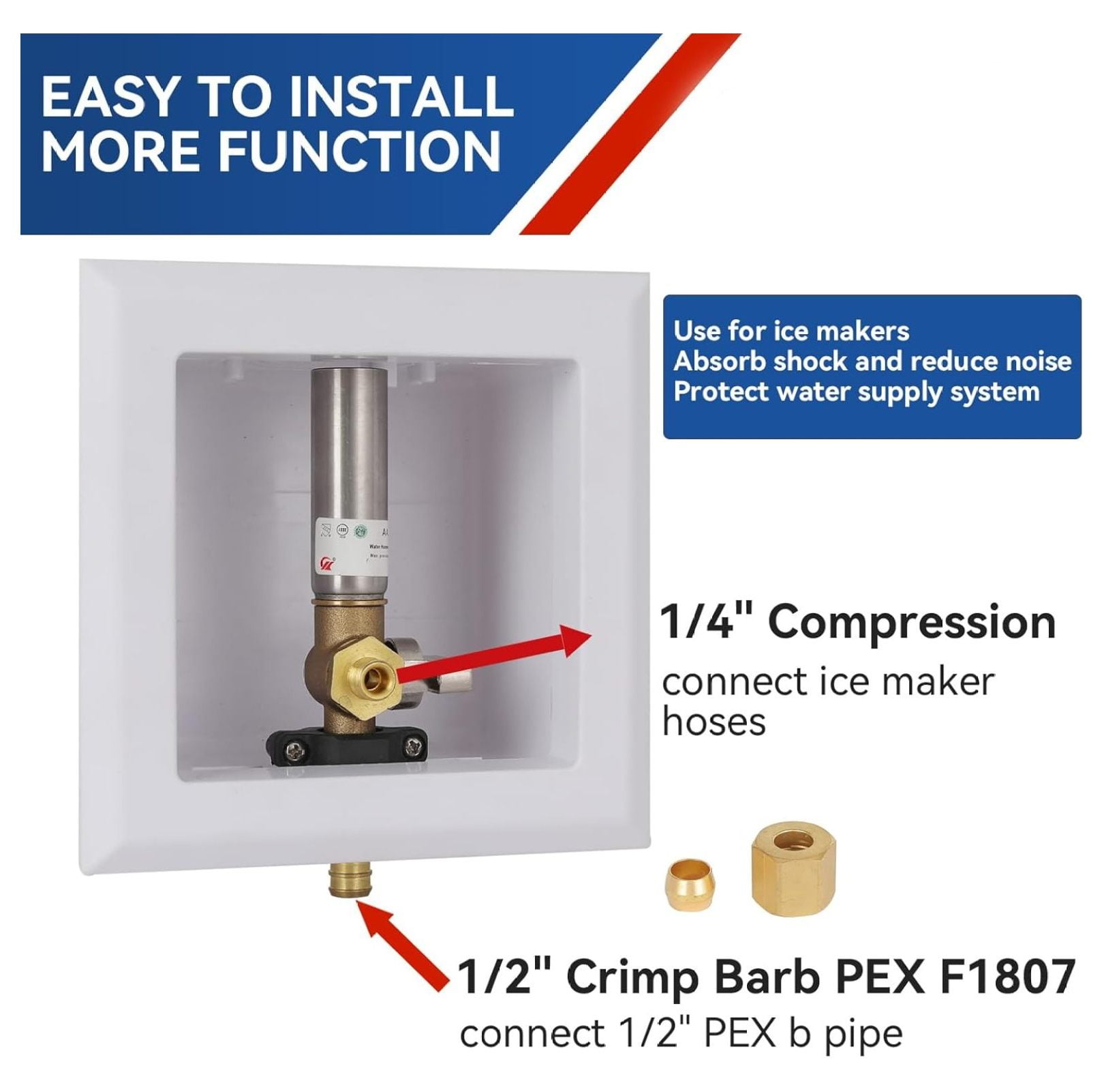 Icemaker Outlet Box with Water Hammer Arrestor,1/2 Inch Crimp PEX Inlet and 1/4 Inch OD Compression Outlet Connection Ice Maker Boxes,Refrigerator Water Line Kit