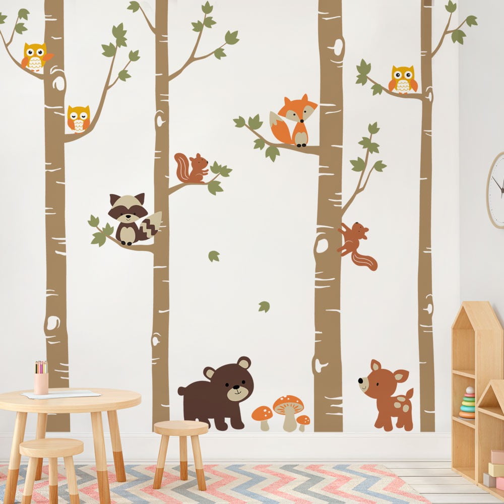 Birch Trees with Cute Forest Animals Wall Decal Scheme B 108" Tall Trees