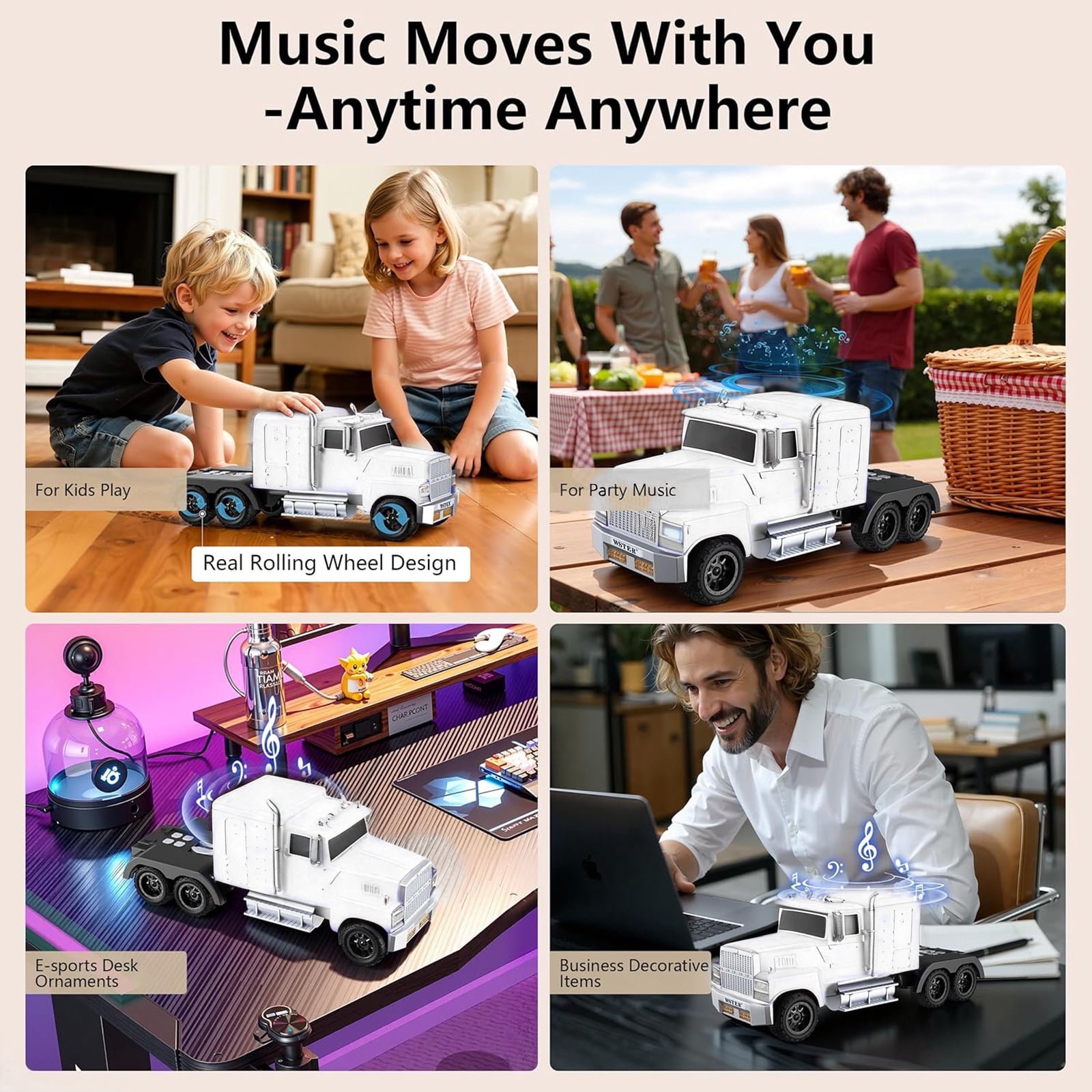 WSTER WS-570 Big Truck Model Bluetooth Speaker with USB TF Card AUX FM Radio TWS Pairing for Home OutdoorBeach Stereo Audio Subwoofers Birthday Gift(White)