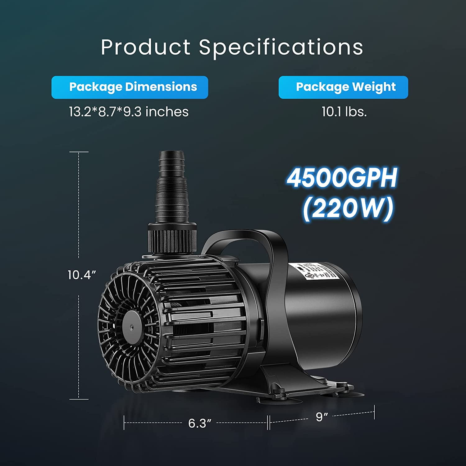 SPECSTARElectric 220W 4500GPH Submersible Water Pump for Koi Pond Pool Waterfall Fountains Fish Tank and Aquarium, UL Certification