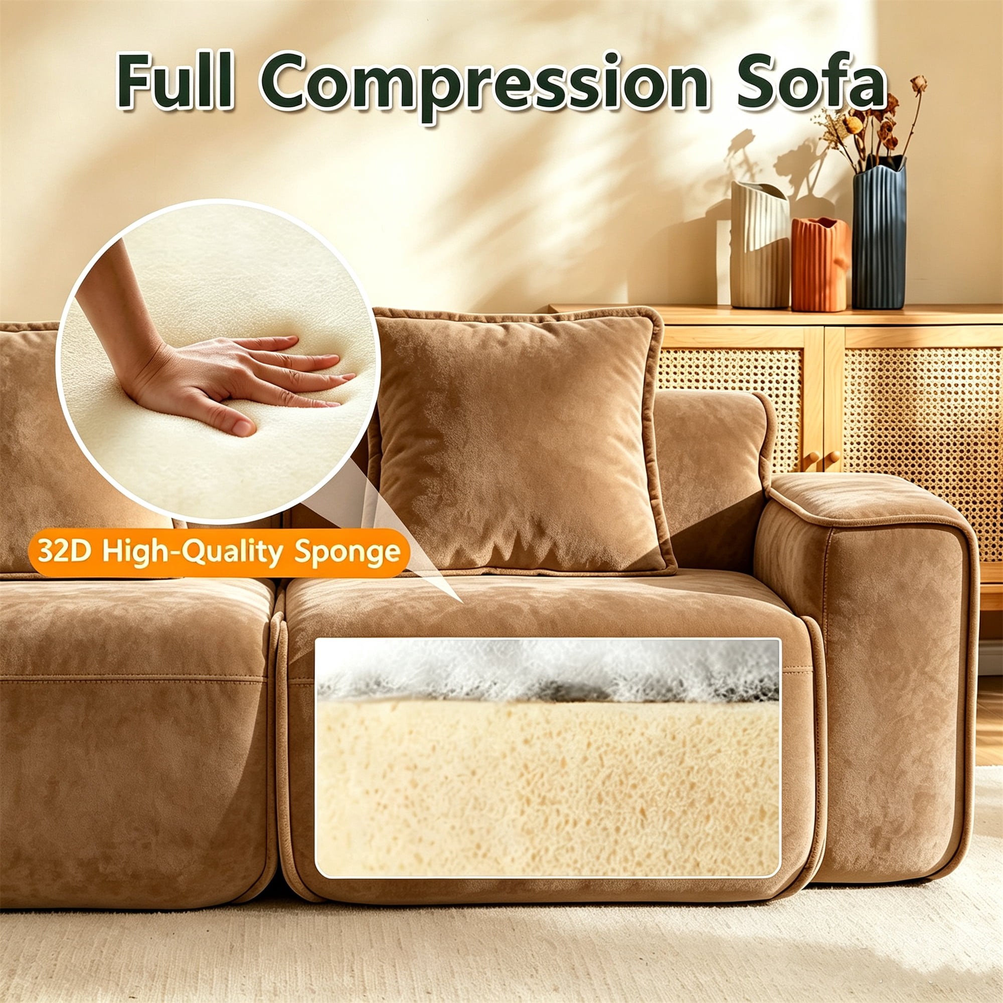 Aukfa 79" Boneless Couch Deep Seat Loveseat Cloud Sofa for Living Room Bedroom, 2 Pillows, Velvet, Brown