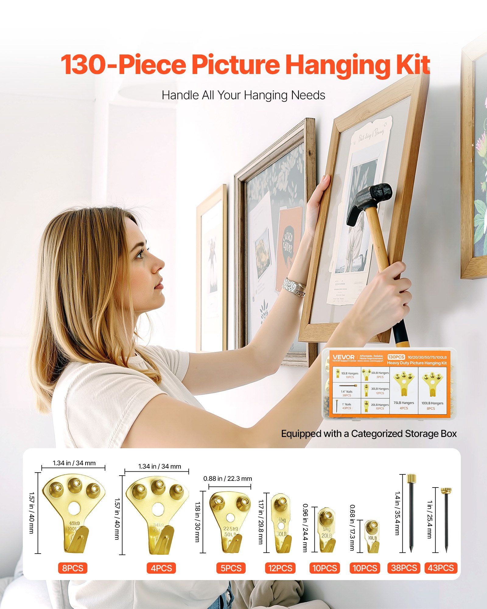 Complete Wall Hanging Kit, 130 Assorted Picture Frame Hangers with Nails, for Lightweight to Heavy Duty Decor Up to 100 lbs
