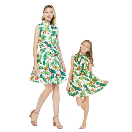

Matching Hawaiian Luau Mother Daughter Shirt Dresses in Flamingo in Love
