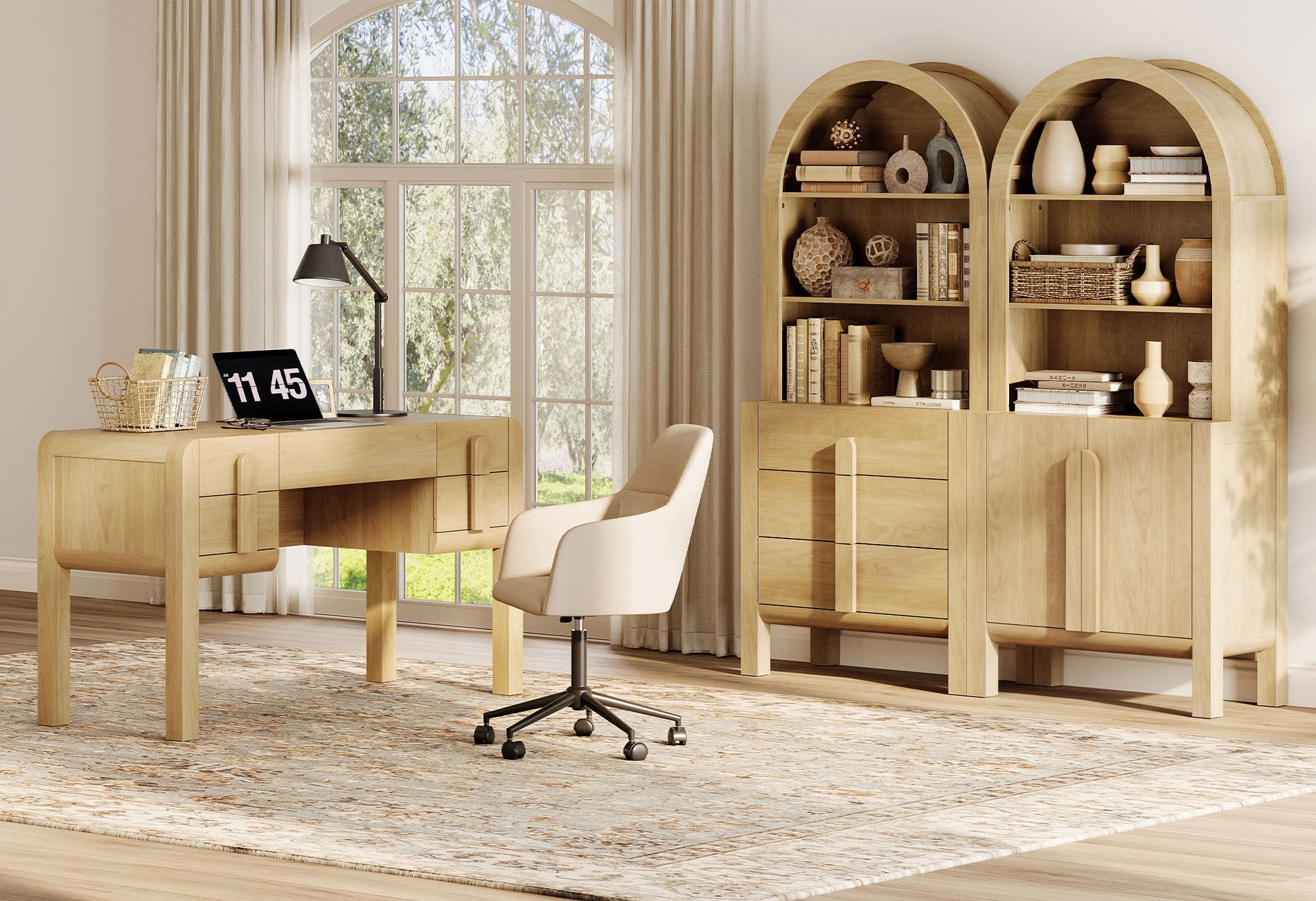 Modern Home Office Set, 53.5" Modern Executive Desk with Charging Station and Drawers & 2 Piece 71"H Tall 8-Tier Arched Bookcases with Cabinet for Living Room, Bedroom, Home Office
