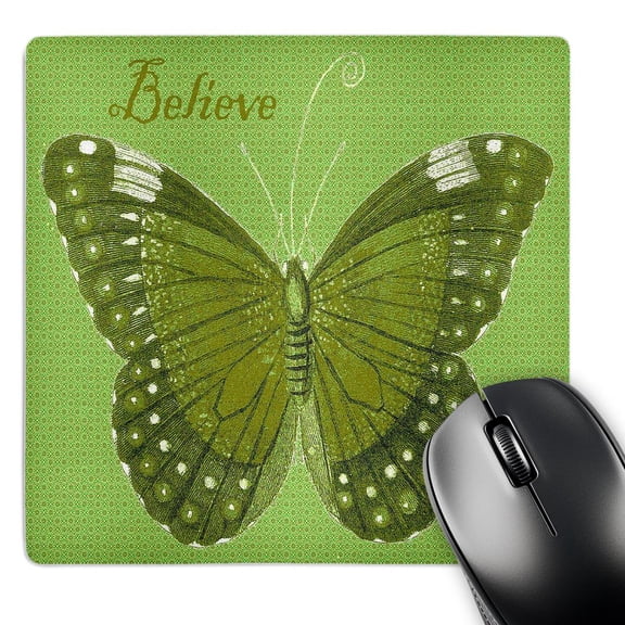 3dRose, Pretty Green Patterned Butterfly With The Word Believe, MousePad