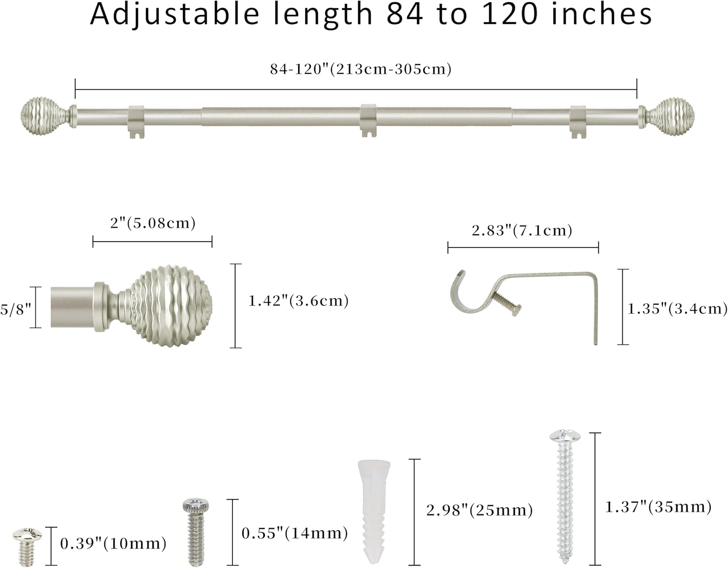 eTeckram 5/8" Single Curtain Rod with Boule Finials,Pewter,84‘’-120‘’