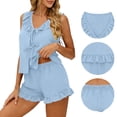 thumbnail image 3 of Womens 2 Piece Pajamas Set Ruffle Sleeveless V Neck Lace-up Tank Top & Shorts with Pockets Summer Loungewear (L, Light Blue), 3 of 8