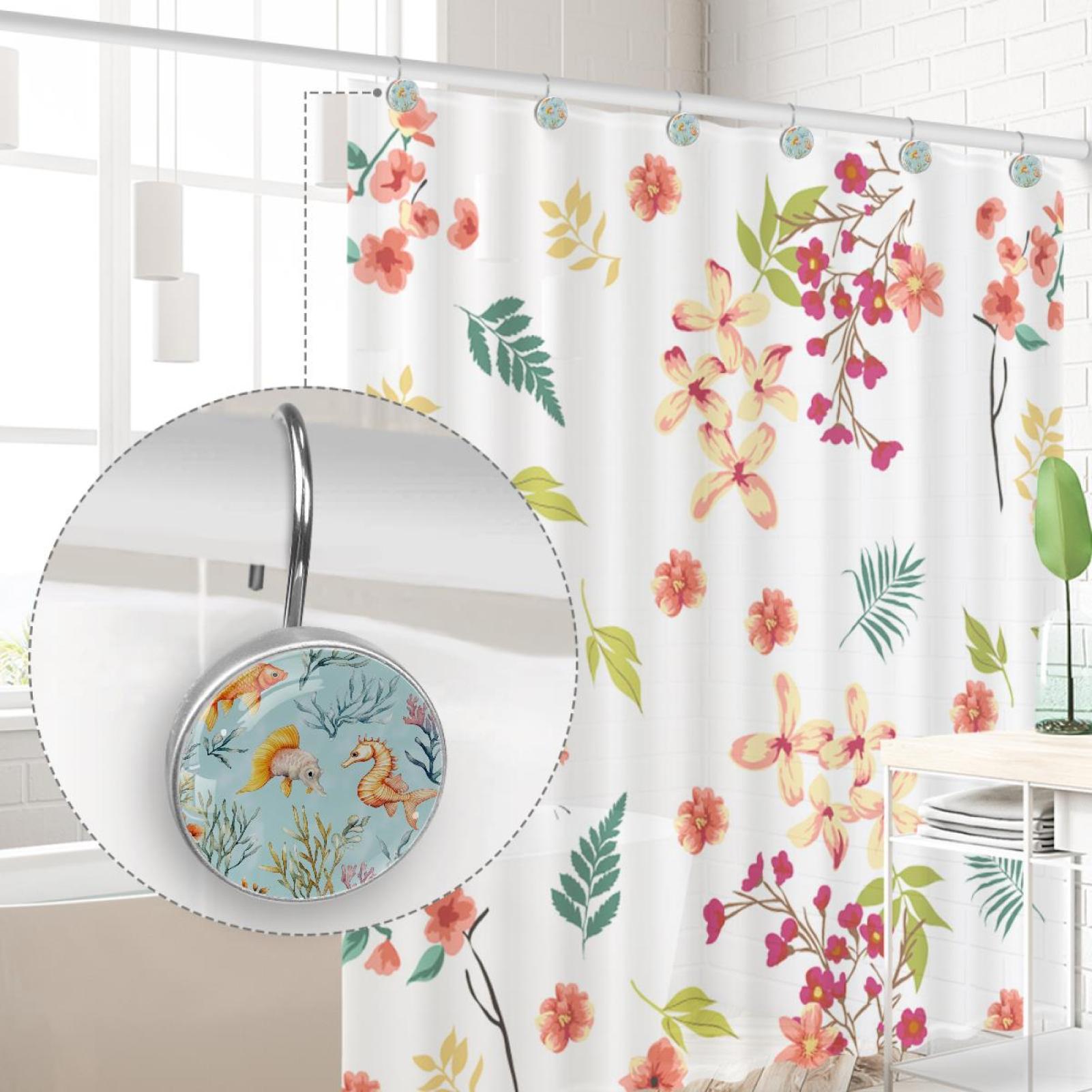 Serhorse Fish Corals Shower Curtain Hooks Round Crystal Glass, Set of 12 Shower Curtain Rings - Shower Hooks for Curtain Shower Rings