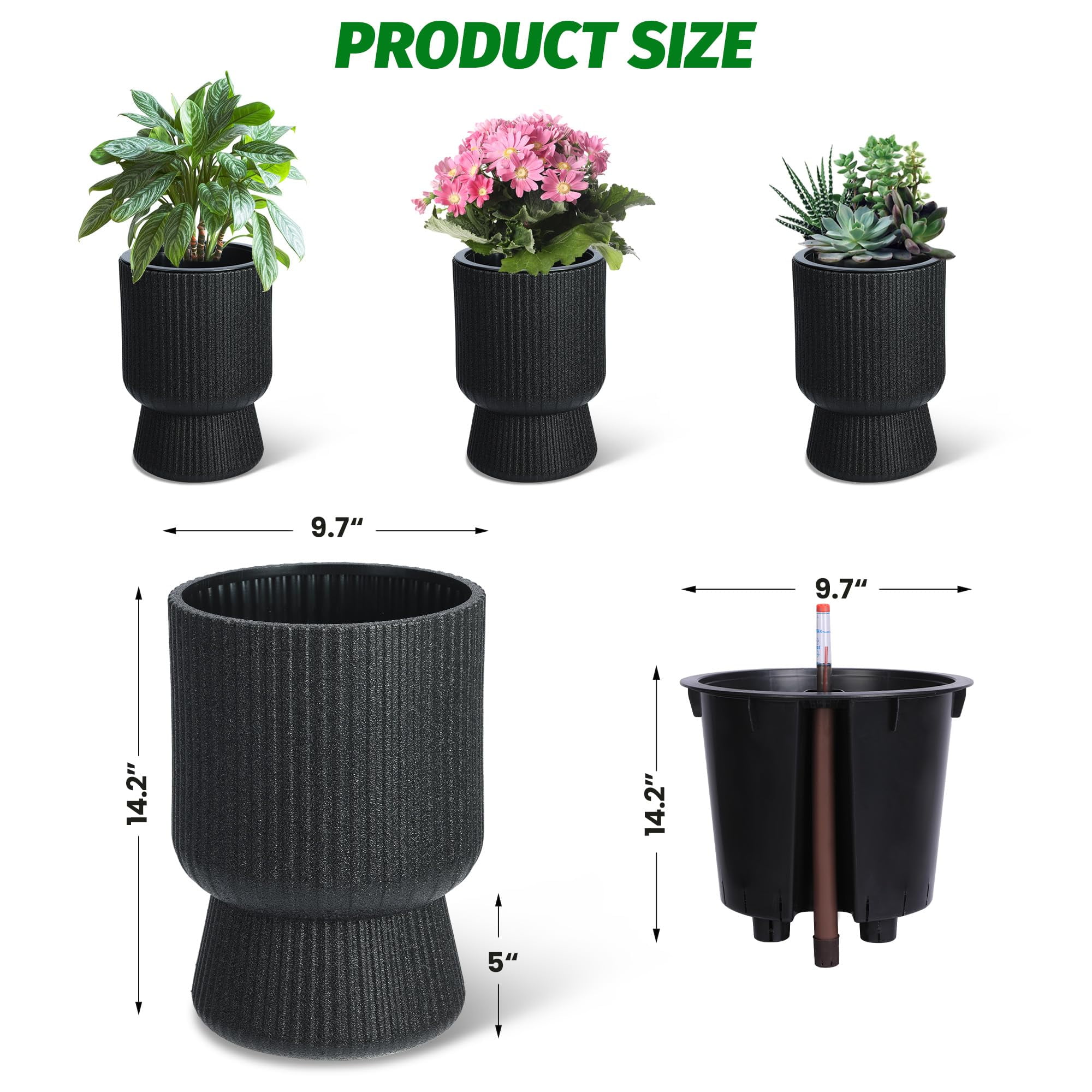 Kojooin 14.2" Planters Set of 2 – Self Watering Flower Pots with Drainage Holes & Water Level Monitor for Patio, Home, Office, Porch, Living Room