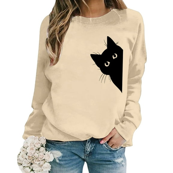 XIAONU Womens Sweatshirts Pleasure Cat Print Trendy Hoodless Sweatshirt Baggy Long Sleeve Vintage Round Neck Pullover Sweatshirt