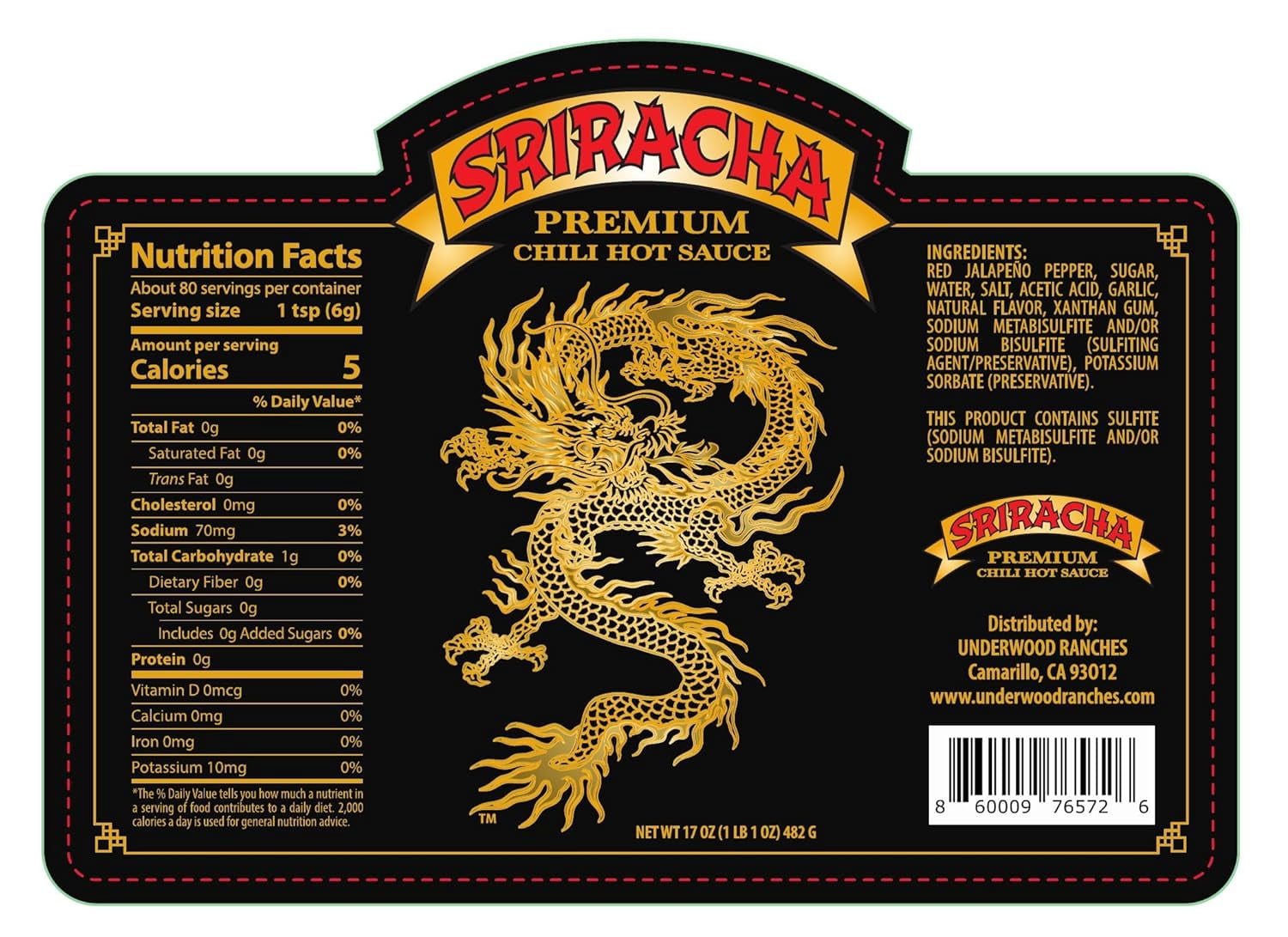 Underwood Ranches Dragon Sriracha Sauce - Hot Sauce for Eggs, Pizza, Mexican Dishes, and More - Holiday Gift for Christmas 17 oz - 2 Pack