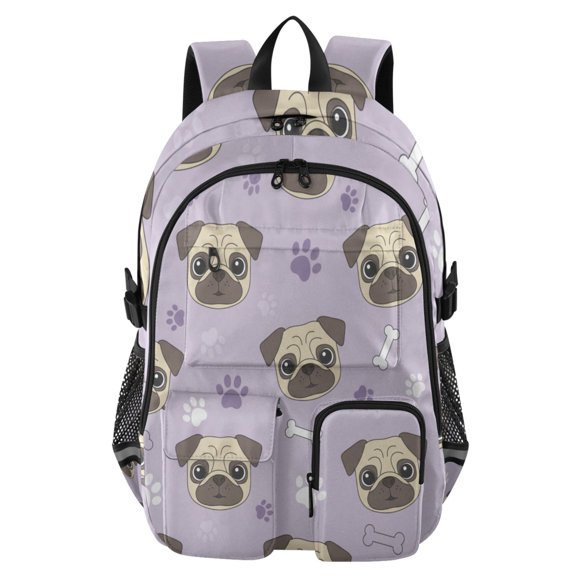DIXRUYEE Pug Bones and Paws Backpack for School 14”Laptop Compatible with Reflective Safety Strips