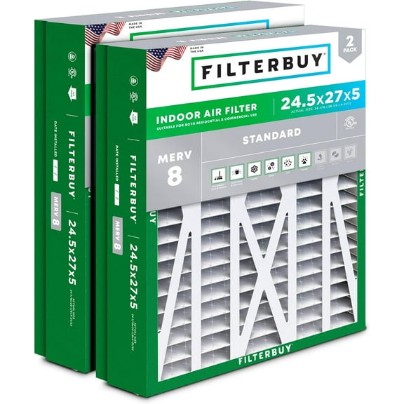 Filterbuy 24.5x27x5 Air Filter MERV 8 Dust Defense, Pleated HVAC AC Furnace Filter Replacement for Trane, American Standard & Honeywell, 2-Pack