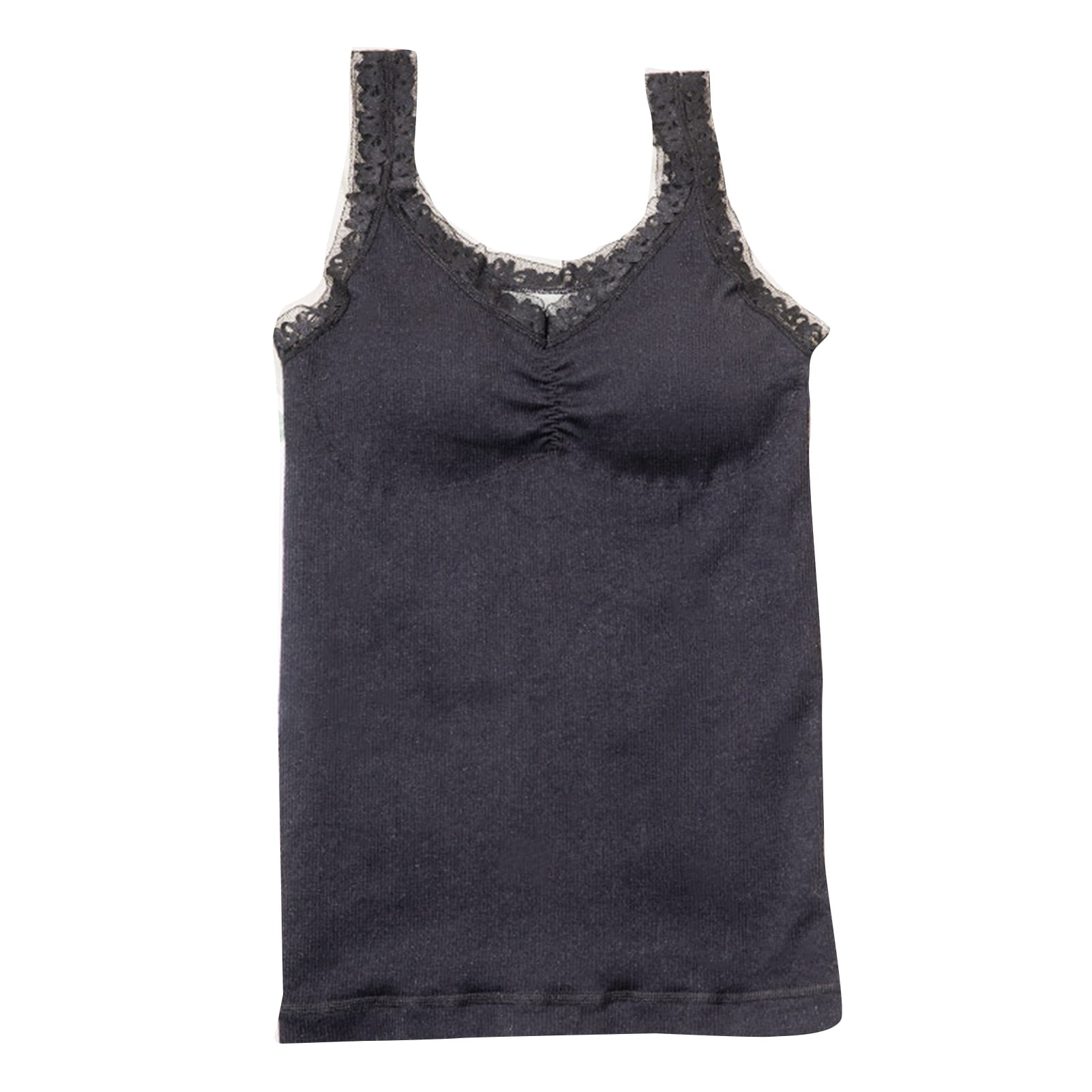 Women Thermal Fleece Lined Underwear Tops Cami Tank Top with Built in Bra Lace Trim V-Neck Vest, Women's, Size: One size, Black