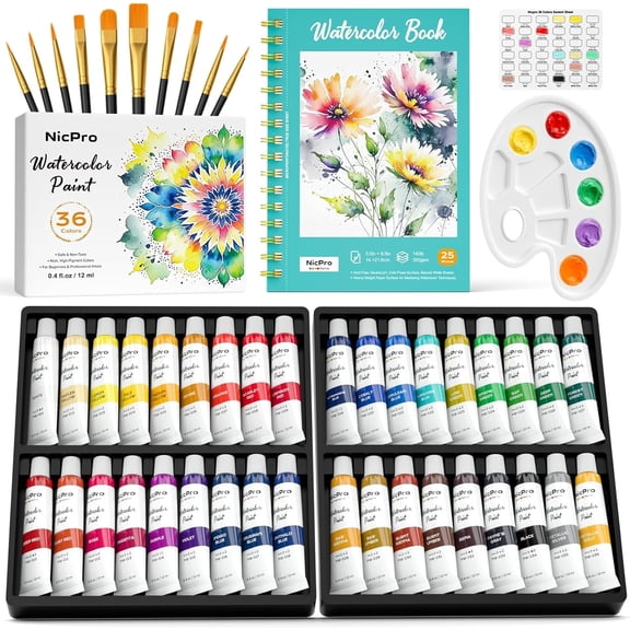 Nicpro Watercolor Paint Set for Adults, 36 Colors Watercolor Tube Set (12ml,0.4oz) with10 Paint Brushes, 25-Sheet Watercolor Paper Book, Palette, Water Color Painting Supplies
