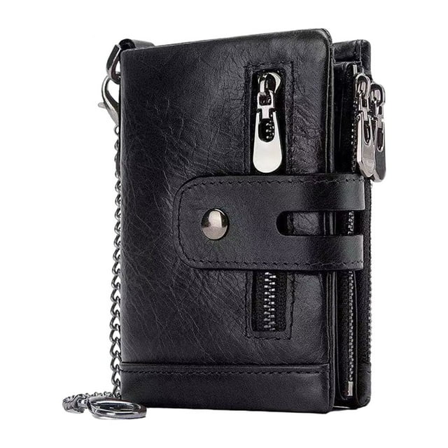 Mens Wallet Cowhide Leather Wallet Credit id window chain Card Holder RFID Bifold Black