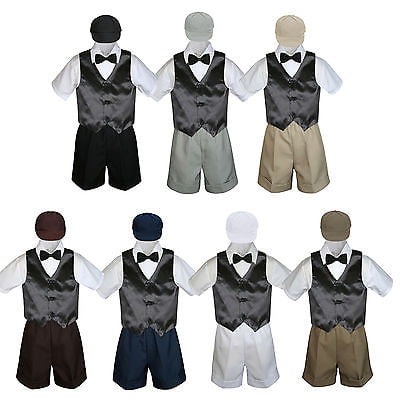 5pc Boy Toddler Formal Navy Blue Vest Bow Tie White Black Brown Hat Shorts S-4T 