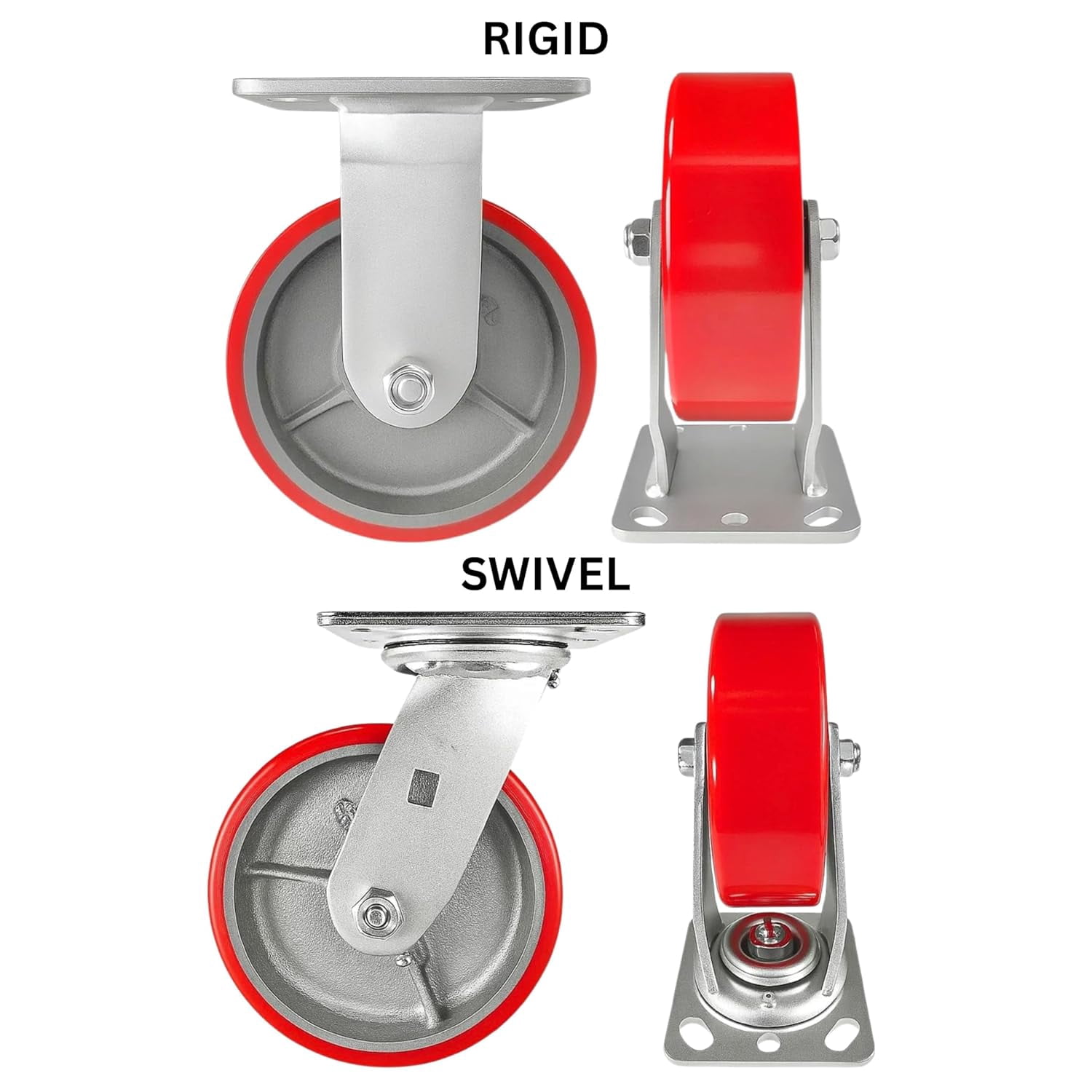 4 Heavy Duty Caster Set 6" Red Polyurethane on Cast Iron Wheels - 2 Rigid + 2 Swivel