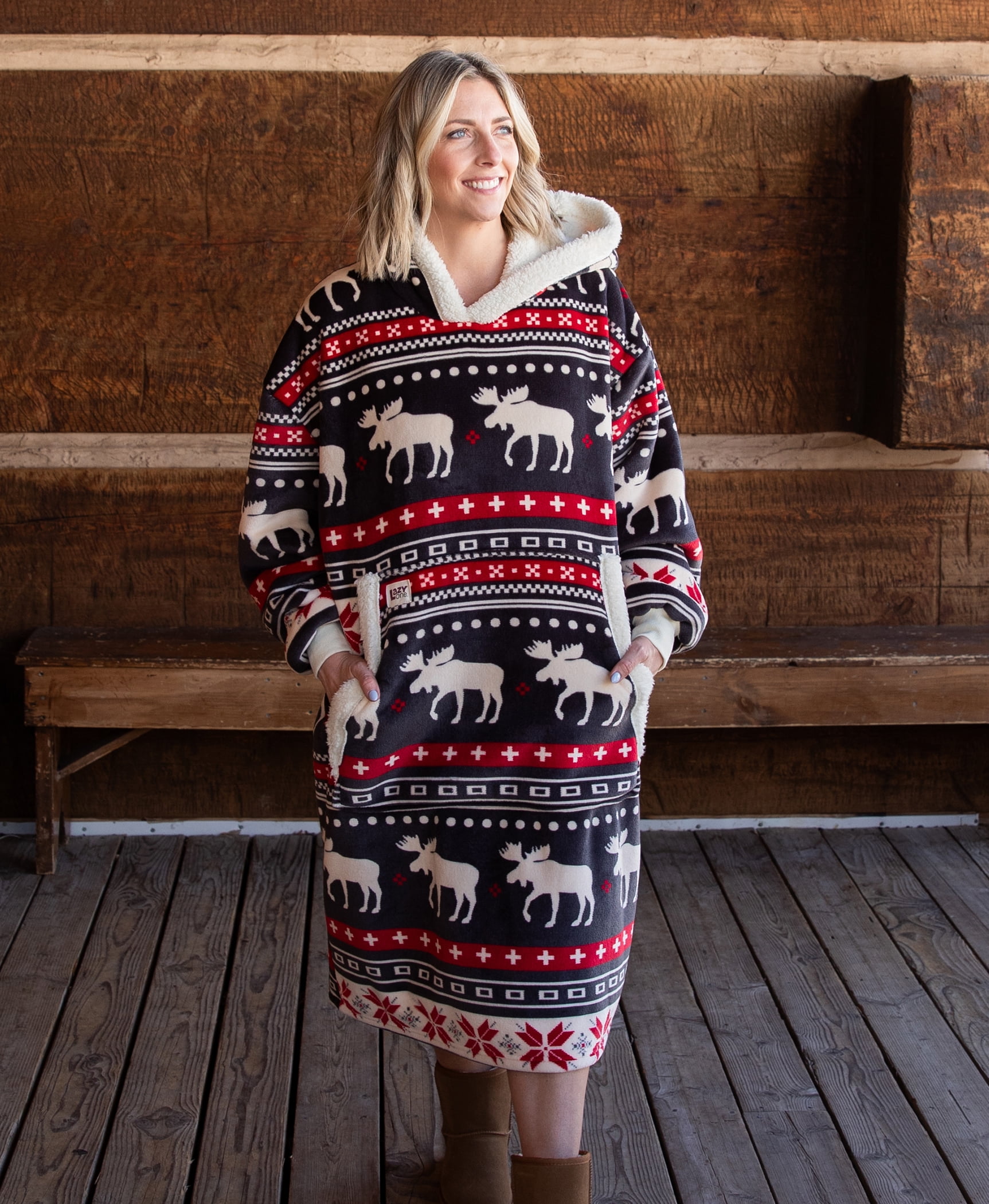 Lazy One Oversized Blanket Hoodie, Comfortable Sleepwear, Oversized Hoodies for Women and Men, One Size Fits All Wearable Blankets (Cabin Fair Isle)