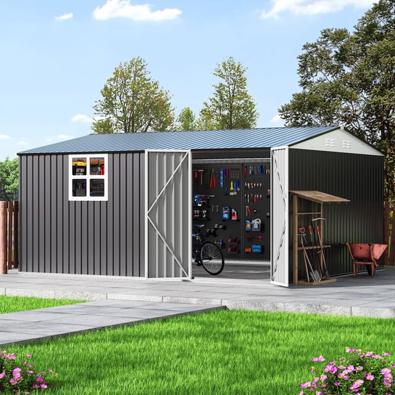 NETAJE 12'x14' Outdoor Metal Storage Garden Shed with Window, Lockable Doors and Air Vent for Backyard, Garden, Lawn, Dark Gray
