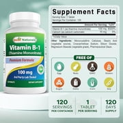 Best Naturals Vitamin B1 Thiamine Mononitrate 100 mg Tablets, Gluten-Free, Energy Support, 120 Count